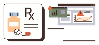 İlaç konteynırı, kapsüller, Rx etiketi, grafikler, grafikler ve uyarı uyarıları önemli ilaç veri endişelerini vurguluyor. Sağlık, eczane, tıbbi araştırma teknolojisi için ideal analitik risk