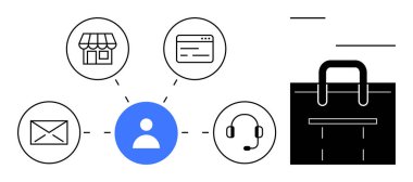 Alışveriş çantasının yanında fiziksel mağazaya, web sitesine, e-postaya ve desteğe bağlı merkezi müşteri simgesi. Perakende, e-ticaret, müşteri desteği, her türlü strateji pazarlama kullanıcısı için ideal