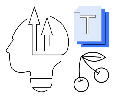 Yukarı doğru okları olan insan kafası silueti, bir yığın metin dosyası, kirazlar. Yenilik için ideal, yaratıcılık, üretkenlik, strateji, tasarım düşünme, kişisel büyüme sade iniş sayfası