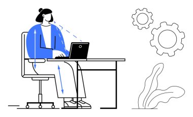 Masada dizüstü bilgisayarda yazan kadınlar ergonomik iş akışını, masa bitkisini ve verimliliği simgeleyen vitesleri temsil eden oklar. Uzak çalışma, ergonomik, iş akışı, teknoloji ve iş için ideal