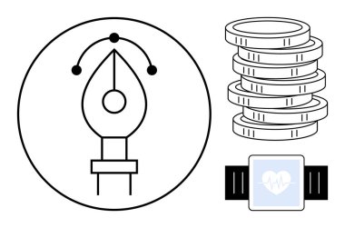 Tasarım ve yaratıcılık için kalem aracı simgesi, finansı sembolize eden bozuk paralar, sağlık için kalp atış hızı gösteren akıllı sehpa. Tasarım, yenilik, ekonomi, refah, teknoloji ve sağlık hizmetleri için ideal