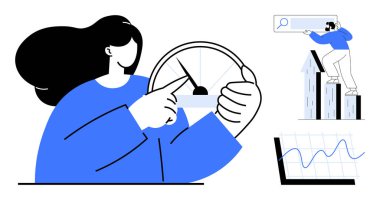 Performans göstergesini ayarlayan kadın, büyüme eğilimlerini analiz eden erkek, yükselen bar çizelgeleri, arama çubuğu ve grafik. Performans, analitik, başarı stratejisi verimlilik artışı için ideal. Basit.