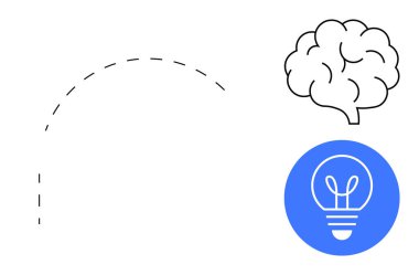 Fikirleri, ilhamı ve yaratıcılığı sembolize eden mavi daireli bir ampulün yanındaki beyin. Problem çözme, beyin fırtınası, yenilik, öğrenme, başlangıç, eğitim için ideal basit iniş sayfası