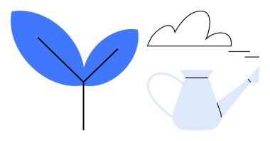 Yaprak, bir sulama kutusu ve bulutun yanında filizlenir. Büyümeyi, beslenmeyi ve doğayı simgeler. Bahçıvanlık, çevre, ekoloji, sürdürülebilirlik tarım yeşil yaşam tarzı için idealdir. Basit düz