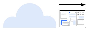 Bulut ve ok veri akışını organize gösterge paneli pencereleriyle bilgisayar arayüzüne yönlendiriyor. Bulut bilgisayarı, veri transferi, uzaktan çalışma, dijital teknoloji, çevrimiçi depolama, bilişim çözümleri için ideal