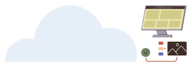 Bilgisayar monitörlü büyük bulut, dosya yönetimi simgeleri, veri organizasyonu, senkronizasyon görselleştirmesi. Bulut depolama, dijital sistemler, ağ oluşturma, veri paylaşımı, bilgi yönetimi için ideal