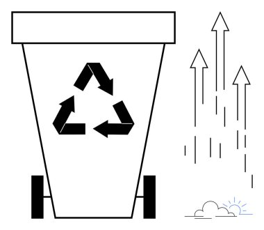 Üçgen oklu geri dönüşüm kutusu, büyüme okları ve bulutlar eko-bilinç ve sürdürülebilirliği simgeler. Atık yönetimi, büyüme, sürdürülebilirlik, çevre, yenilenme ve ilerleme için ideal