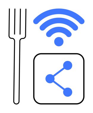 Çatal, bir paylaşım ikonu ve kablosuz sinyal bağlı gıda teknolojisini, paylaşımı ve modern yemeği temsil ediyor. Yemek teslimatı için ideal, mobil uygulamalar, online yemek, bağlantı kurma, akıllı yaşam