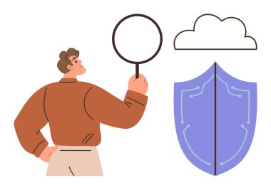 Büyüteç tutan kişi, veri korumasını sembolize eden kalkan ve bulut grafiği. Siber güvenlik, bulut depolama, veri analizi, gizlilik, teknoloji, araştırma için ideal düz metafor