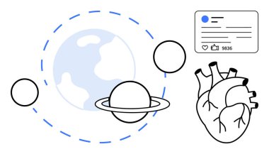 Gezegen, yörünge halkaları, ve bir insan kalbi boyunca daireler çizmek, ve parmakları havada dijital bir besleme. Teknoloji, bilim, doğa, bağlantı, sağlık, sosyal medya sade iniş sayfası için ideal