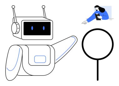 Robot, arka plandaki bir kadın notlar alırken, bir büyütece doğru hareketler yaparak keşfi simgeler. Teknoloji, yapay zeka, eğitim, araştırma, yenilik, analiz için ideal