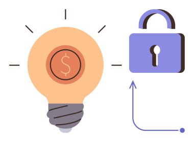 Asma kilit ve kavisli okun yanında dolar işareti olan bir ampul. Finans, güvenlik, yenilik, iş büyümesi, fintech, patent, fikri mülkiyet, basit düz metafor