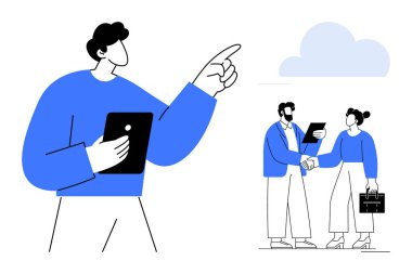 Meslektaşlar fikir alışverişinde bulunurken ve bulutların altında el sıkışırken, profesyonel etkileşimler tabletle sağlanır. Takım çalışması, iletişim, teknoloji, ağ oluşturma, ortaklık, işbirliği, basit daire