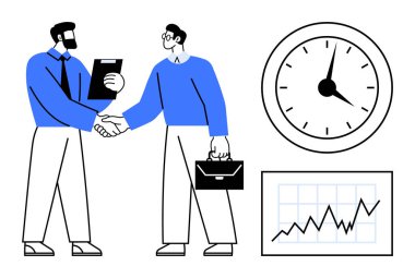 İki profesyonel el sıkışıyor, pano, saati gösteren saat ve yükselen grafik çizelgesi. Takım çalışması, başarı, ortaklık, anlaşma, iş büyüme zamanı verimliliği için ideal basit düz metafor