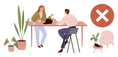 İki iş arkadaşı bir masada dizüstü bilgisayarla fikirleri tartışıyor, bitkilerle çevrili, kırmızı bir haçın yanında. Takım çalışması, hata, çatışma, geribildirim, problem çözme, işbirliği reddi için ideal