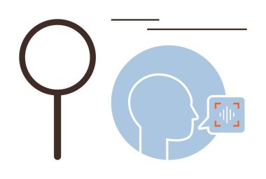 Büyüteç, konuşma dalgası monitörlü kafa profili arama, araştırma, fikir üretimi. Yenilik, teknoloji, analiz, yapay zeka, kimlik iletişimi için ideal basit düz metafor