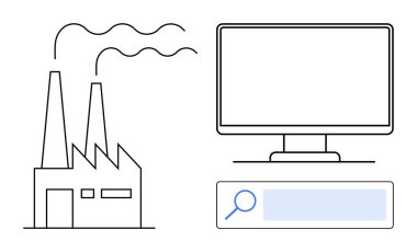 Bacalı fabrika, masaüstü monitörü endüstriyel süreçleri, teknoloji entegrasyonunu ve veri keşiflerini sembolize eden arama çubuğu. Otomasyon, yenilik, analitik ve basit iniş sayfası için ideal