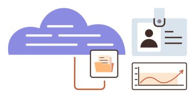 Bağlı klasör, kimlik kartı ve veri erişimini, depolamayı, teşhisi ve analizi sembolize eden büyüme grafiği olan bir bulut. Teknoloji, yönetim, iş iletişimi kimlik organizasyonu için ideal