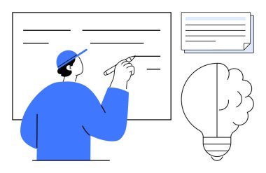 Fikirler için büyük bir ampul ve bir yığın notla beyaz tahtaya yazılan bir şapka. Yaratıcılık, beyin fırtınası, planlama, eğitim, eğitim, yenilik, takım çalışması için ideal