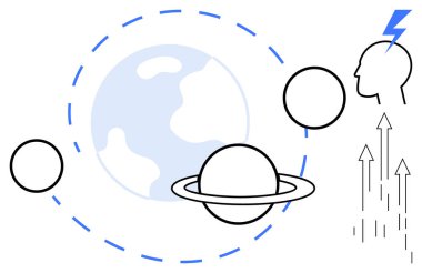 Yörünge çizgileri, gezegenleri, yıldırımlı insan kafası ve yükselen okları olan bir dünya. Bilim, yenilik, yaratıcılık, keşif uzay keşfi, fütüristik fikirler için ideal. Basit düz