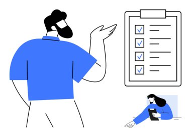 Profesyonel sunum listesi, iş arkadaşı tableti inceliyor. Organizasyon, takım çalışması, planlama, üretkenlik, görev yönetimi, işbirliği, basit iniş sayfası