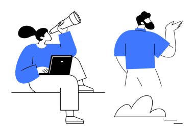 İki birey, biri dizüstü bilgisayarı ve teleskopu olan düşünceli bir şekilde oturan, diğeri el kol hareketi yapan. Planlama, keşif, takım çalışması, iletişim, strateji yaratıcılığı karar verme için idealdir. Modern