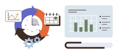 Saati çevreleyen dairesel oklar, monitörde bar çizelgesi, işaretli takvim ve vitesler. Üretkenlik, iş akışı, planlama, proje yönetimi, zaman yönetimi ilerlemesi verileri izlemek için ideal