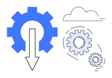 Aşağı doğru ok, bulut ve birbirine bağlı vitesli mavi dişliler veri transferi, operasyon ve takım çalışmasını simgeliyor. Teknoloji, bulut depolama, iş, otomasyon entegrasyon verimliliği için ideal