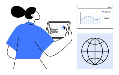 Tabletteki analiz raporlarını ve grafiklerini inceleyen bir kadın. Yakınlarda, küresel bir ağ simgesi ve web tarayıcı grafiği veri, ilerleme ve teknolojiyi temsil etmektedir. Analiz, teknoloji ve iş için ideal