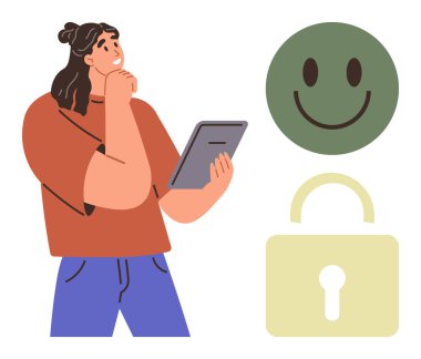 Elinde yeşil gülümseme ve asma kilidin yanında düşünceli bir ifadeyle tablet tutan kadın. Karar verme mekanizması, dijital güvenlik, mahremiyet, duygular, çevrimiçi güven, teknolojik yenilik, basit düz metafor