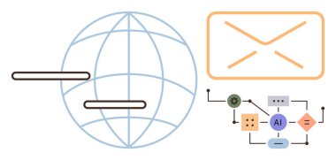Bağlantı hatları, e-posta zarfı ve yapay zeka çalışma çizelgesi olan bir dünya. Teknoloji, iletişim, küreselleşme, makine eğitimi, otomasyon ağı dijital yazışmaları için idealdir. A