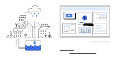 Tanka bağlı yağmur suyu toplama sistemi, güneş enerjili evler, veri istatistikleriyle dijital ekran ve alarmlar. Sürdürülebilirlik, kentsel planlama, teknoloji, su tasarrufu, eko-yaşam için ideal