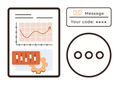 Yükselen grafik, kontrol kaydıracı, dişli simgesi ve mesaj kartındaki kimlik doğrulama kodu. Veri analizi, güvenlik, kullanıcı arayüzü, finans, iletişim kodlama tasarımı kavramları için ideal