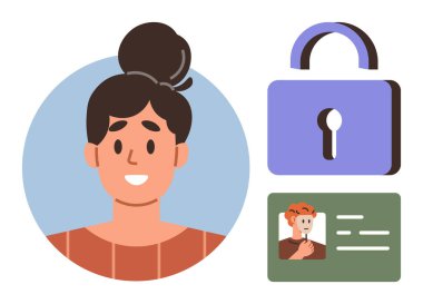 Mavi çemberdeki gülümseyen kadın avatarı, güvenliği simgeleyen mor asma kilit ve yeşil kimlik kartı. Kimlik doğrulama, güvenlik, veri gizliliği, profil ayarı, kullanıcı erişimi, kimlik denetimi için ideal