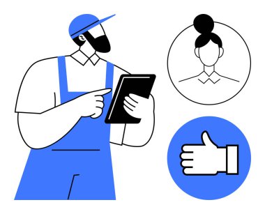 Elinde tablet tutan bir işçi, çizgili profesyonel bir kullanıcı profili ve onay işareti var. Takım çalışması, iletişim, kullanıcı geribildirimi, hizmetler, teknoloji, ağ sade iniş için ideal
