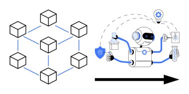 Çeşitli görevlerle uğraşan yapay zeka robotuyla bağlantılı blok zinciri yapısı fikirleri, verileri ve işlemeyi onaylıyor. Yenilik için ideal, yapay zeka, engelleme zinciri, otomasyon, teknoloji verimliliği takım çalışması. Basit düz