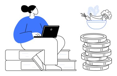 Yığınla kitabın üzerinde oturan bir kadın dizüstü bilgisayarda çalışıyor, yakınlarda bozuk paralar birikmiş, ve bir kase meyve ve sebze. Eğitim, finans, iş hayatı dengesi, beslenme, üretkenlik, kendini geliştirme için ideal