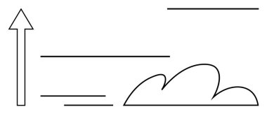 Yukarı bakan ok, yatay dinamik çizgiler, ve hareket, ilerleme ve büyümeyi gösteren basit bir bulut çizgisi. Başarı, başarı, yenilik, kalkınma hedefleri stratejisi için ideal