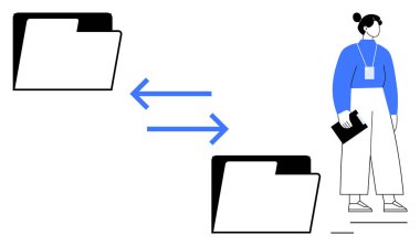 Elinde belge tutan ayakta duran bir kadının yanında veri transferini gösteren okların olduğu iki dosya. Veri paylaşımı, takım çalışması, iletişim, dosya değişimi, bilgi akışı, iş dünyası için ideal