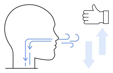 İnsan kafasının dış hatları, yön okları ve baş parmak işareti içinde hava akımı tasvir ediliyor. Sağlık, anatomi, solunum, sağlık, biyoloji ve bilim için ideal bir iniş sayfası.