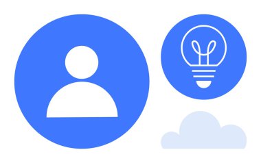 Dairesel kullanıcı simgesi, yeniliği temsil eden ampul ve bağlantı için bulut. Teknoloji, yaratıcılık, profil, ağ, bulut hesaplama, veri paylaşımı için ideal