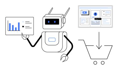 Yapay zeka robot veri tablosunu tutuyor, elektronik ticaret entegrasyonlu dijital gösterge panelini analiz ediyor. Teknoloji, otomasyon, yapay zeka, veri analizi, online alışveriş, yenilik ve gelecek temalar için ideal. Basit.