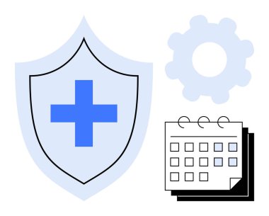 Sağlık koruma, planlama ve sistem verimliliğini temsil eden tıbbi haçlı mavi bir kalkan, bir vites ve bir takvim. Sağlık, programlama, verimlilik, refah zamanı yönetimi için ideal