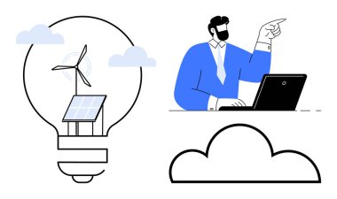 Güneş paneli ve rüzgar türbinli ampul, dizüstü bilgisayardaki adam bulutu işaret ediyor. Sürdürülebilirlik, yenilik, bulut hesaplama, liderlik, enerji verimliliği, teknoloji çözümleri, takım çalışması için ideal