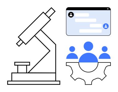 Mikroskop araştırmayı temsil eder, sohbet penceresi iletişimi sembolize eder ve takım simgeleriyle donanım işbirliğini ön plana çıkarır. Bilim, teknoloji, takım çalışması, araştırma, yenilik ve eğitim için ideal