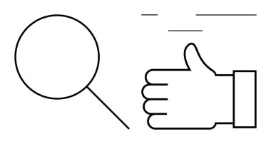 Büyüteç ve baş parmak işareti arama, onay, başarı ve analizi sembolize eder. Geri bildirim, destek, araştırma, inceleme, kalite değerlendirmesi ve basit iniş sayfası için ideal