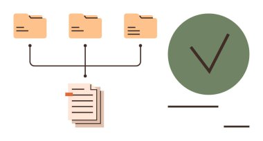 Belgelere bağlı üç dosya ve yeşil onay işareti veri organizasyonu, iş akışı ve doğrulamayı temsil ediyor. Proje planlama, dosyalama, işbirliği, onaylama ve görev için ideal