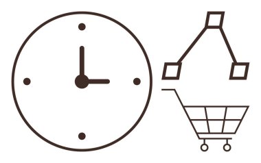 Saat ve alışveriş arabası, planlama, zamanlama, organizasyon ve karar verme mekanizmasını temsil eden bağlı geometrik şekillerle birleşir. Perakende satış, zaman verimliliği, verimlilik, programlama için ideal