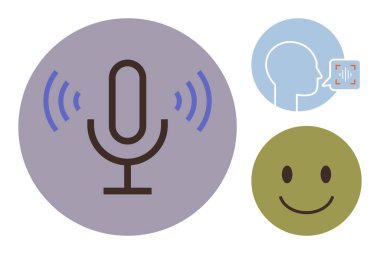 Mikrofonun ses dalgaları yayması, ses analizi ile konuşan bir profil ve mutlu bir yüz. Ses tanıma, iletişim, teknoloji, yapay zeka, ses arayüzü podcast için ideal. Basit.