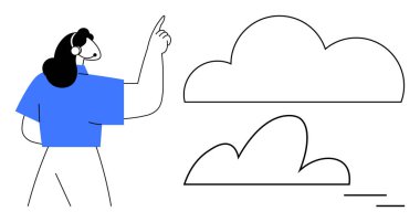 Kulaklıklı kadın soyut bulut şekillerini işaret ediyor, teknolojiyi, bağlantıyı, yeniliği, veri yönetimini sembolize ediyor. Bulut hesaplama, çevrimiçi işbirliği, iletişim, yaratıcılık için ideal